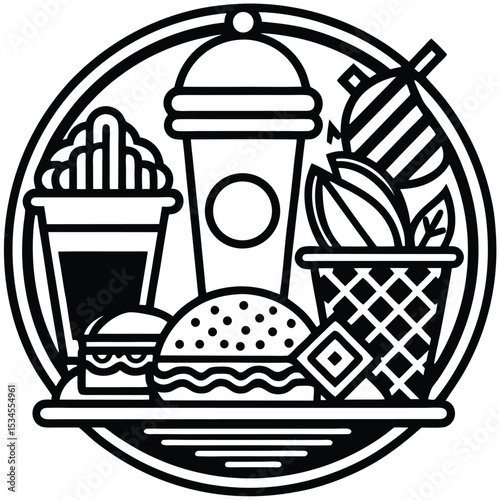 Fast Food Icon Set in Black and White – Burger, Drinks, Desserts, Pizza, and Snacks Vector