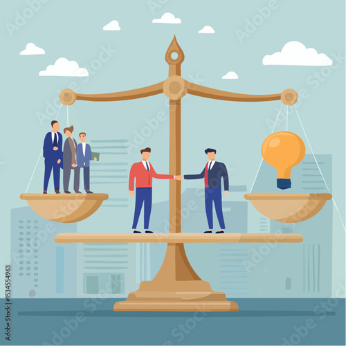Negotiation for business winning, agreement or partnership deal for both benefit, merger and acquisition, professional talk concept, businessman handshake with success negotiation over balance seesa
