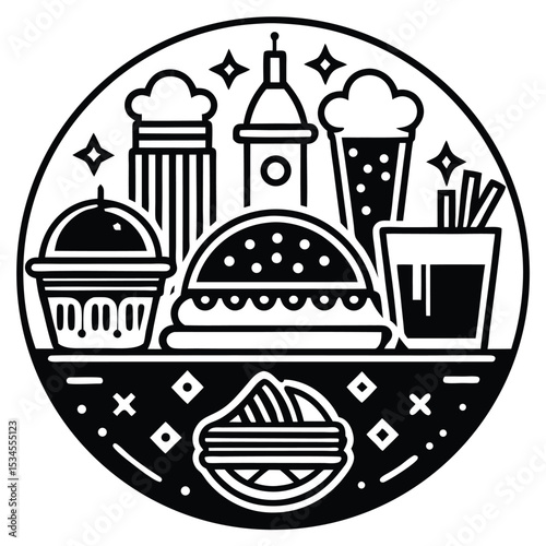 Fast Food Icon Set in Black and White – Burger, Drinks, Desserts, Pizza, and Snacks Vector