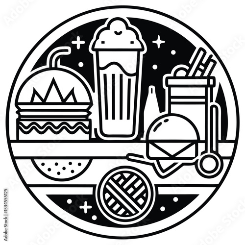 Fast Food Icon Set in Black and White – Burger, Drinks, Desserts, Pizza, and Snacks Vector