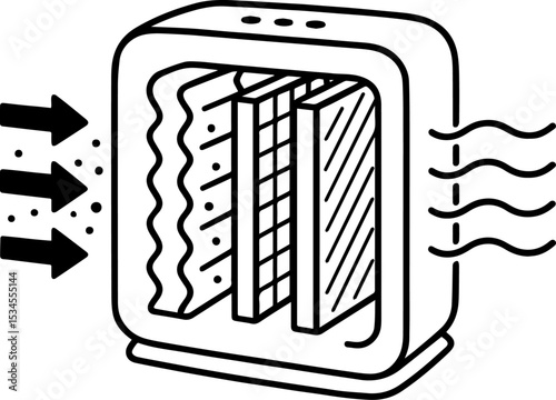 Black and White Hand-Drawn Desktop Air Purifier Cross-Section Filter Vector