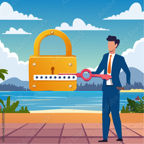 Strong password for cyber security, high protection and safety for login account, secure data privacy, online authentication concept, businessman hold key with user account lock with strong lock pa