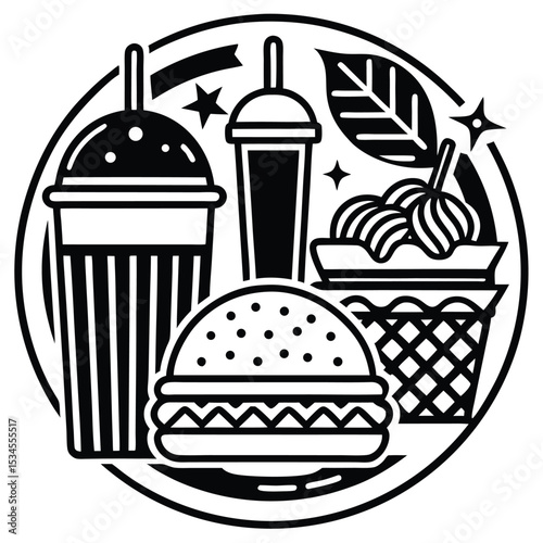 Fast Food Icon Set in Black and White – Burger, Drinks, Desserts, Pizza, and Snacks Vector