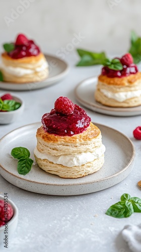 Wallpaper Mural Raspberry jam topped pastries with creamy filling on plates, Gluten-free low-carb desserts, basil leaves garnish, light background Torontodigital.ca