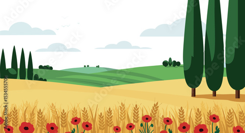 Wheat field with poppies and cypress trees in rural landscape scene vector illustration 