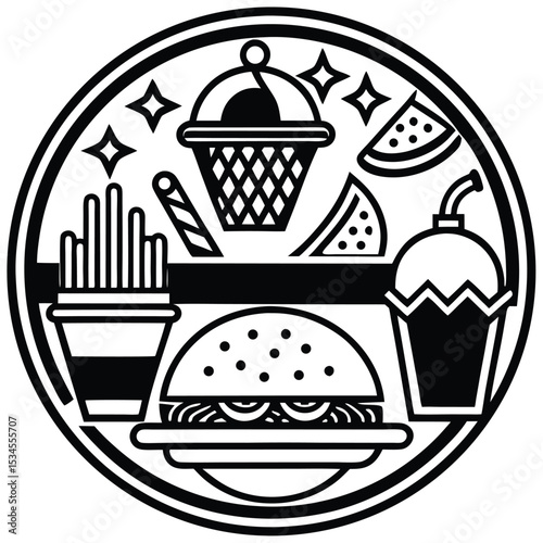 Fast Food Icon Set in Black and White – Burger, Drinks, Desserts, Pizza, and Snacks Vector