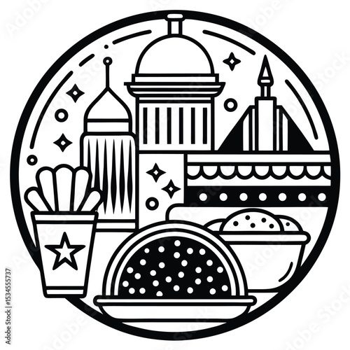Fast Food Icon Set in Black and White – Burger, Drinks, Desserts, Pizza, and Snacks Vector