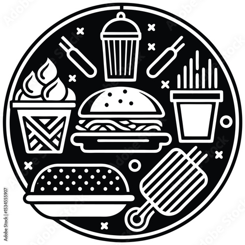 Fast Food Icon Set in Black and White – Burger, Drinks, Desserts, Pizza, and Snacks Vector