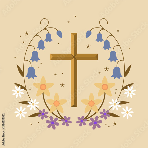 Christian Cross  with flowers. Design for Easter, Epiphany, Christening, invitations, postcards, packaging