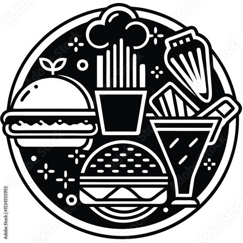 Fast Food Icon Set in Black and White – Burger, Drinks, Desserts, Pizza, and Snacks Vector
