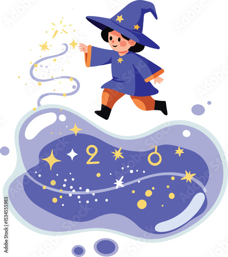 Young wizard casting magic spell with stars and planets floating in purple space vector illustration 