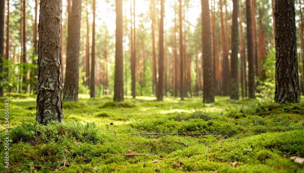 Obraz premium Enchanting forest, mossy undergrowth and majestic trees in a serene woodland lush