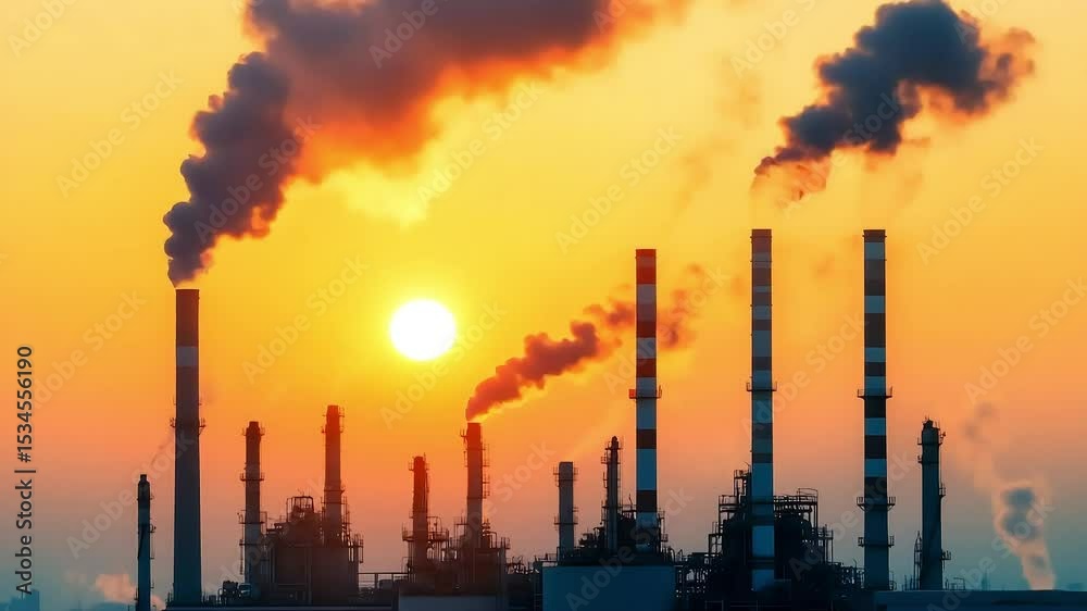 Industrial pollution at sunset, smoke billowing from refinery chimneys Industrial pollution at sunset, smoke billowing from refinery chimneys