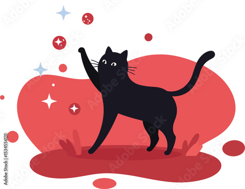 Black cat playing with red and blue bubbles on abstract red background vector illustration 