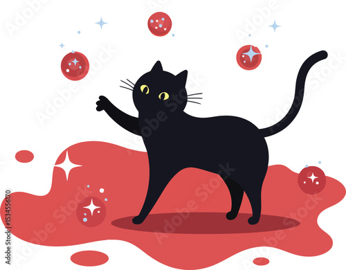 Black Cat Playing with Red Bubbles Cartoon Vector Illustration in Simple Style 