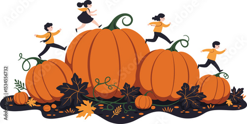 Children running and playing around large orange pumpkins with autumn leaves and vines in fall garden scene vector illustration 