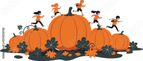 Children playing and running around large orange pumpkins in autumn garden Halloween illustration vector 