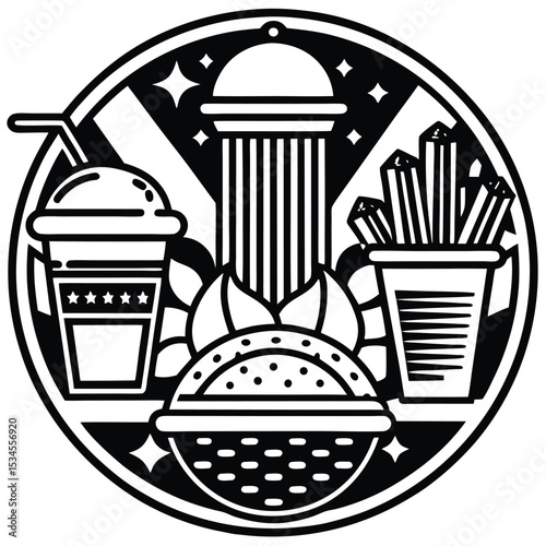 Fast Food Icon Set in Black and White – Burger, Drinks, Desserts, Pizza, and Snacks Vector