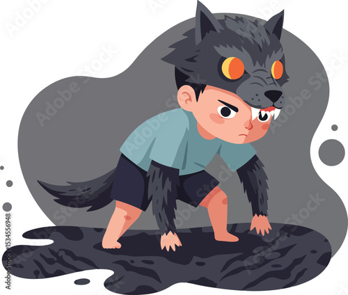 Boy Wearing Werewolf Costume in Crouching Pose with Dark Shadow Background Vector Illustration 