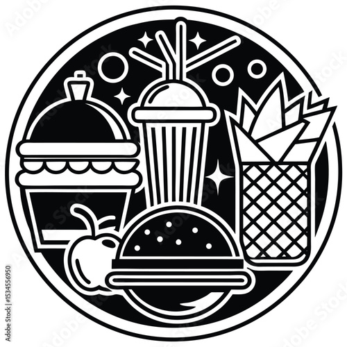 Fast Food Icon Set in Black and White – Burger, Drinks, Desserts, Pizza, and Snacks Vector