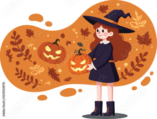 Little girl in witch costume holding jack-o-lantern pumpkins with autumn leaves background Halloween vector illustration 