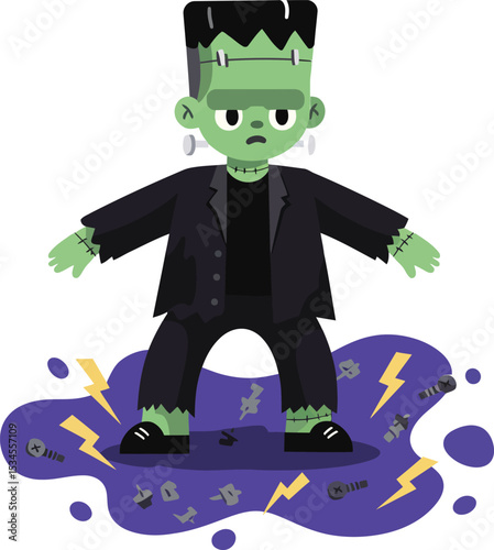 Frankenstein monster character vector illustration in dark clothing with green skin and lightning effects on purple background 