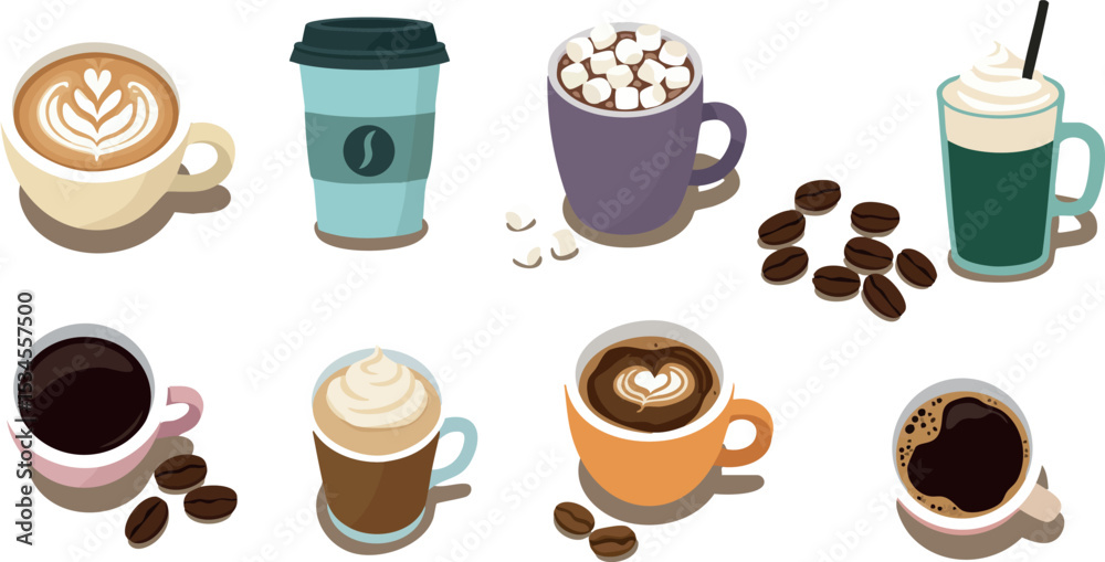 Fototapeta Assorted coffee drinks with cups and beans vector illustration in varied styles and colors 