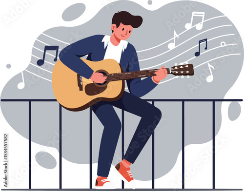 Young man playing acoustic guitar outdoors with musical notes vector illustration 