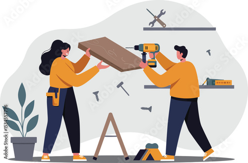 Home renovation teamwork with drill and wooden plank for DIY construction project vector illustration 