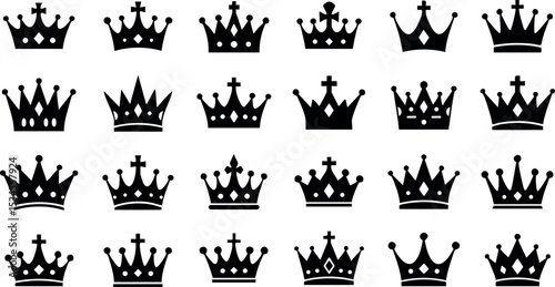 Black silhouette crown icons vector set with various styles and shapes for design projects 