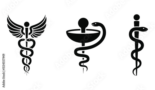 Set of Caduceus and Rod of Asclepius Icons in Fill Style – Medical and Healthcare Symbols

