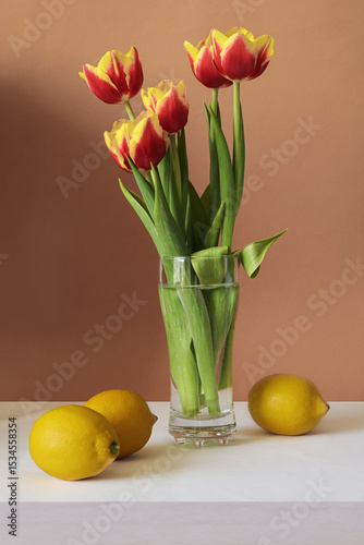 Still life with tulips and lemons