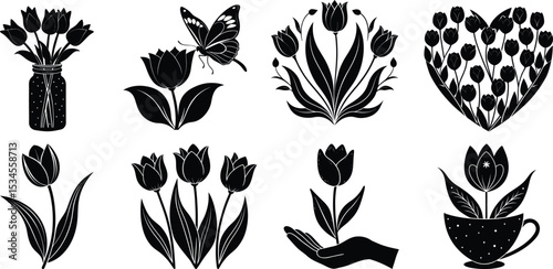 Elegant Tulip Flower Silhouettes: Spring Blooms, Botanical Designs, and Romantic Nature Vector Set