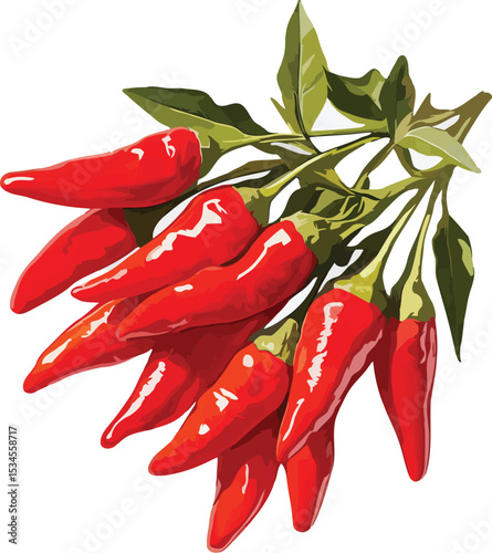 Freshly harvested bunch of red chili peppers on a white background for culinary designs