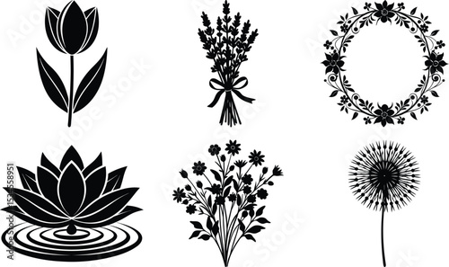 Elegant Floral Silhouettes Collection: Botanical Designs, Wreaths, and Flower Arrangements Vector Set