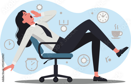 Relaxed businesswoman leaning back on office chair enjoying break at workplace with coffee and clock background vector illustration 