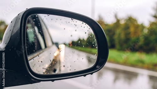 Reflecting the journey, a detailed closeup of car's side view mirror closeup