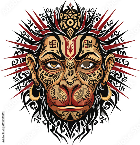 Intricate detailed vector illustration depicting the hindu god hanuman with tribal style