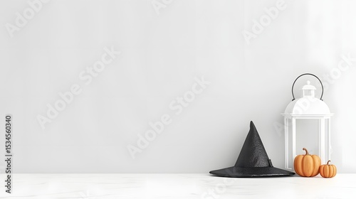 Halloween still life with witch hat pumpkins and white lantern on light background, spooky festive composition