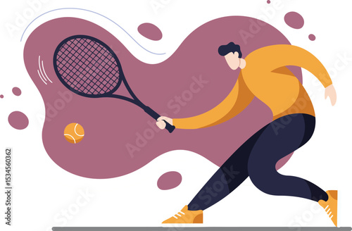 Male Tennis Player Hitting Ball with Racket in Dynamic Sports Action Vector Illustration 