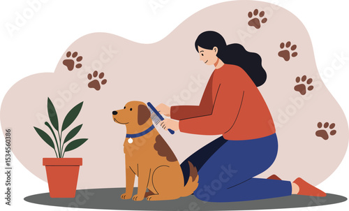 Woman Grooming Dog with Comb Sitting on Floor Near Plant and Paw Prints Vector Illustration 