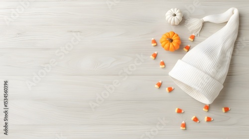 White knit hat with pumpkins and candy corn on light wooden background, cozy Halloween and fall flat lay