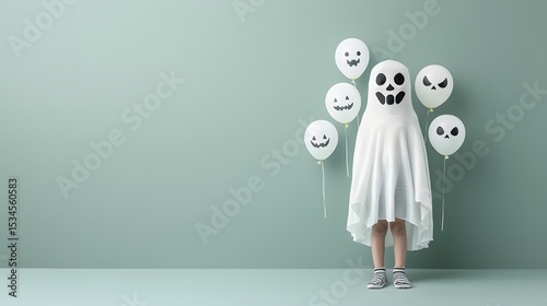 Funny Halloween scene with child dressed as ghost and white balloons with faces on pastel green background