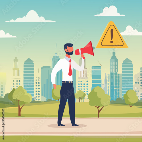 Shouting warning message, caution or alert attention, safety or danger announcement, risk or important information, beware or careful sign, businessman shouting on megaphone with exclamation sig