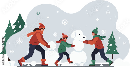 Children and adult building snowman winter outdoor activity with pine trees and snowflakes vector illustration 