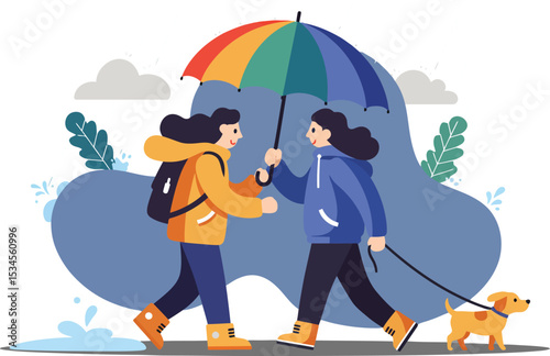 Two people walking with dog under colorful umbrella in rainy weather vector illustration 