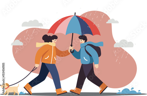 Couple walking dog holding red and blue umbrella in rainy weather vector illustration 