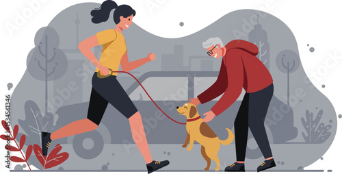 Active woman jogging with dog and elderly man petting dog in park outdoor exercise scene 