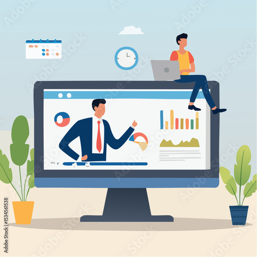 Online presentation webinar, conference or online seminar, consultation or data analyzing meeting, business discussion, financial expertise concept, businessman on computer screen presenting dat