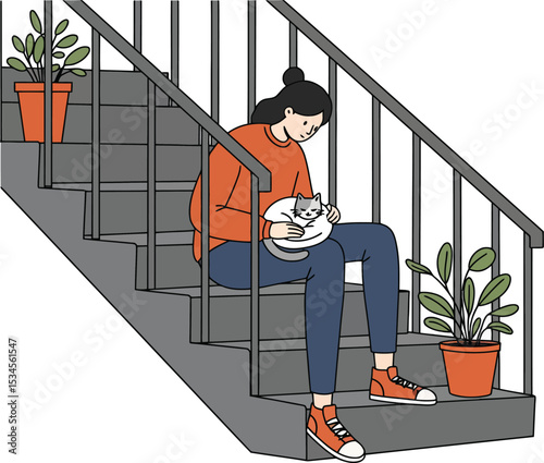 Woman sitting on stairs holding cat with potted plants around in calm indoor scene vector illustration 